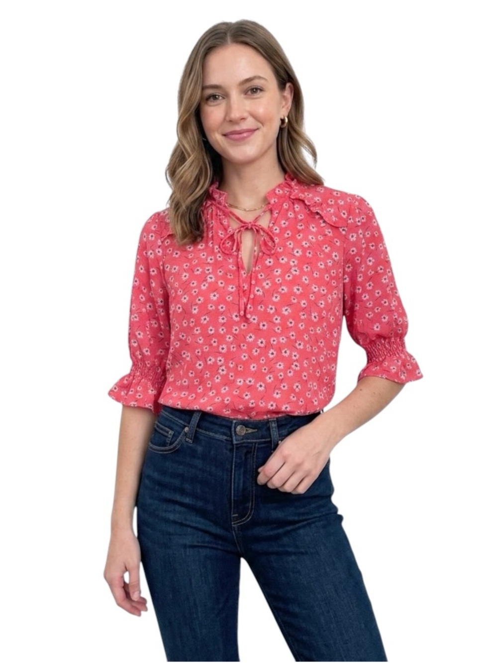 CeCe Coral Floral Ruffle Neck Blouse Tie Front Elbow Sleeve Blouse